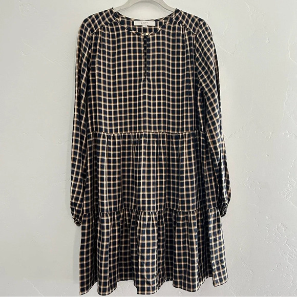 NWOT Loft Navy and Mustard Plaid Tiered Midi Dress Gold Accents Size Small Fall - Picture 1 of 9